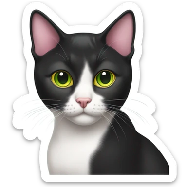 black shorthair cat with pink ears on the inside and eyes who’s color is green around the pupil and yellow around the green  sticker
