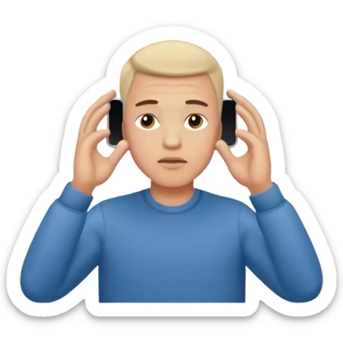 a guy holding 1 smartphone with both hands, smarphone should be horizontal, on top of his forehead sticker