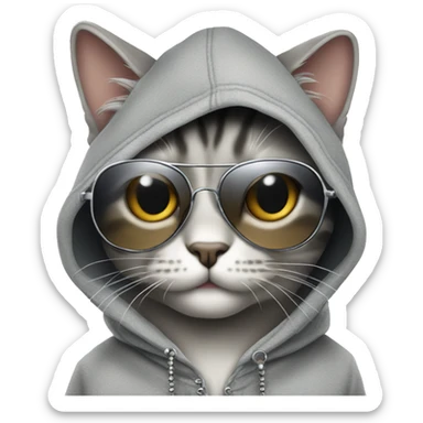 Grey tabby cat wearing hoodie, sunglasses and chain necklace sticker