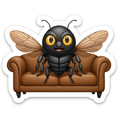 Black Cicada cartoon style watching on a phone sit on a brown sofa  sticker