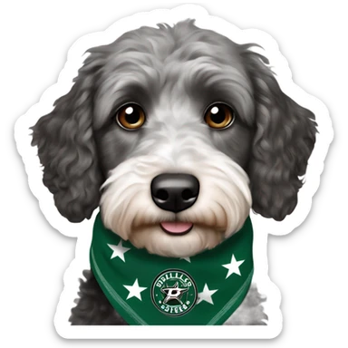 Aussiedoodle wearing a neck bandana with the NHL Dallas Stars hockey team logo sticker