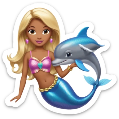 Brown skin blonde hair barbie mermaid with dolphin  sticker