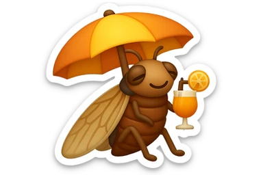 EMOJI STILE IPHONE 3D DI UNA CICALA CHE STA RILASSATA SEDUTA SOTTO L'OMBRELLONE IN SPIAGGIA CON UN COCKTAIL IN MANO sticker