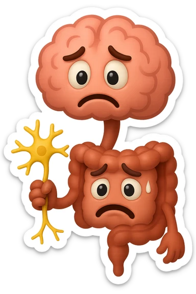 EMOJI STILE IPHONE DI UN INTESTINO collegato verticalmente ad un cervello mentre tiene in mano un neurone, espressione stressata, IPERREALISTICO 4K sticker