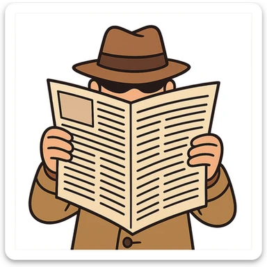 detective holding a newspaper in front of their face, only the detective's hat visible above the newspaper, flat toon style sticker
