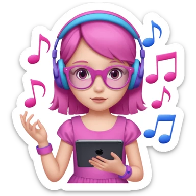 Little girl with purple headphones when pink eyes and pink iPad and pink dreamy background and rose colored glasses and blue music notes around her and pink dress sticker