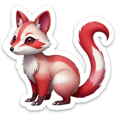 Cool Smooth Asian oriental painted silky soft White white with red gradients, and slit eyes markings beautiful handsome gorgeous aesthetic colorful vibrant Vernid-Trico-Marsupial-Furret-Zangoose-species-Fakemon-creature by LiLaiRa, 4 legs, 1 tail, random markings, (full body) sticker