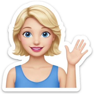 Girl Blonde short wavy hair,  blue eyes, cute blue top, long lashes, pink lips, smiling, one hand in the air sticker