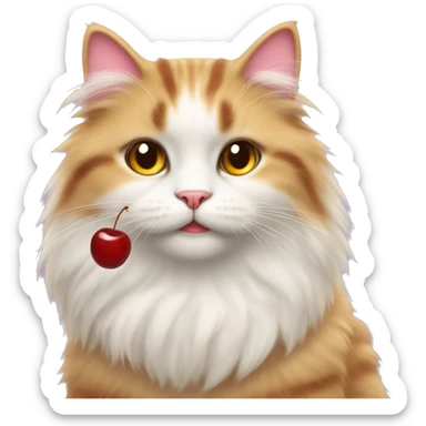 Fluffy cat with a cherry sticker