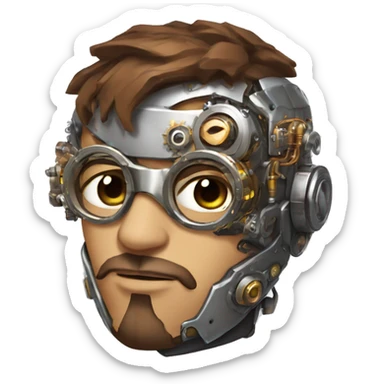 male cyborg head with brown short hair, brown beard, silver steampunk goggles and circuitry sticker