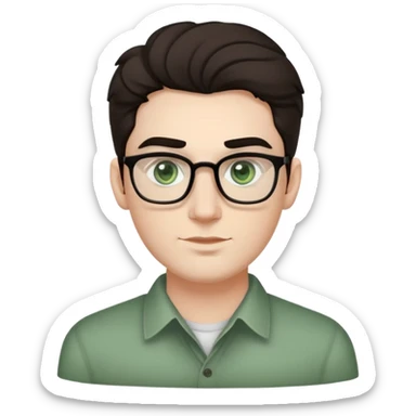 young man with pale skin, larger face, bigger nose, thick dark eyebrows, dark tall voluminous slightly wavy hair styled up high on head but not curly, wearing glasses with green eyes and very light stubble, with a slight smile sticker