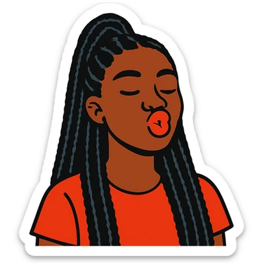 Black girl with long black braids, half up half down hairstyle, doing a kissy face sticker