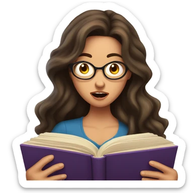 brunette long wavy hair woman shocked face while holding and reading book sticker