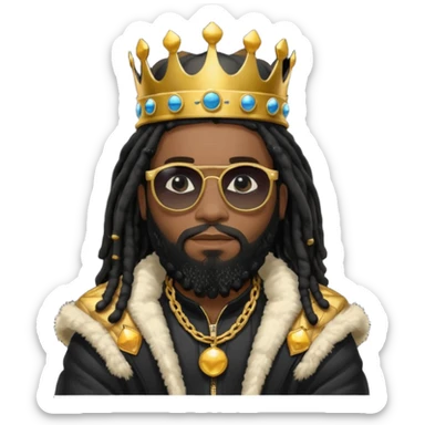 African American man with shoulder length black dreadlocks with black beard wearing  dark black sunglasses with a black bubble winter coat wearing a crown with arms folded sticker