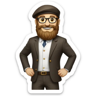 man, long brown beard, white skin, suit, full-body "slim", beret hat, glasses, brown shoes, smile sticker