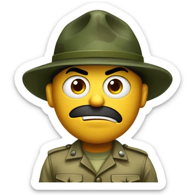 drill sergeant character wearing a classic sergeant hat and a camouflage army shirt. The character should have an angry intense expression. full torso sticker