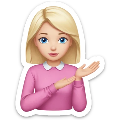 A girl with blue eyes, full lips and blonde hair in a pink blouse shows no with her hands, crossing them sticker