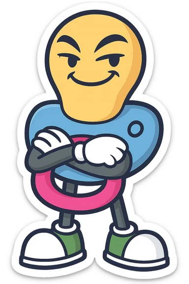 Create a confident adult pose of the pacifier character with arms crossed, keeping the same style, colors, and mischievous personality as the reference image. Transparent background. sticker