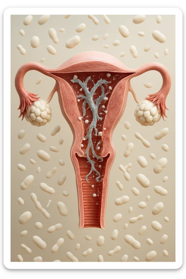 utero umano realistico con batteri della candida intorno, la foto si deve vedere per intero in formato verticale, sfondo neutro chiaro, iperrealistico 4k sticker