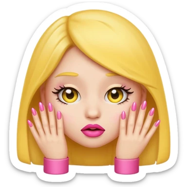Cute shy emoji with long lashes, big pouty lips, pink nails, black background, same style as original emoji, not human sticker