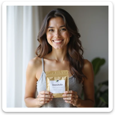 realistic photograph of a smiling woman holding a package with the word 'Inositolo' clearly visible, natural and healthy appearance, bright home environment, natural light, no evident signs of PCOS sticker