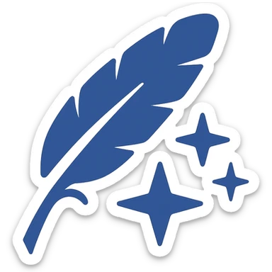 Reimagine the Wonderdraft icon in a minimalistic, flat blue style consistent with previous icons. Use shades of blue for the feather and stars, keeping the design clean and simple. The feather and stars should be easily recognizable, with a fully transparent background, minimal use of other colors, and prioritize clarity and recognizability. sticker