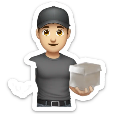 Pale skinned fit Man with dark brown hair in a black cap, gray jeans and dark gray polo T-shirt keeping a pasted with tape white box into his hands sticker