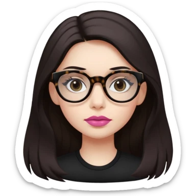 The girl with dark long hair, white skin, dark eyes, wearing black shirt and tortoise framed glasses. Lipstick is smooth old pink. sticker