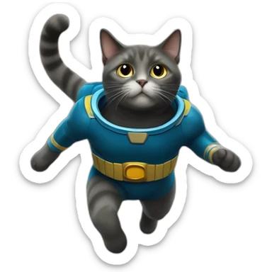 a cat dressed as a super hero diving into the galaxy sticker