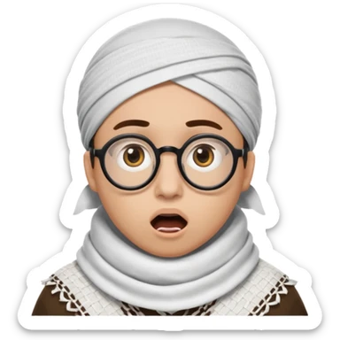 A person with light skin tone, wearing a traditional white keffiyeh with a black agal, large brown eyes, round glasses, and an open mouth showing a surprised or shocked expression. sticker