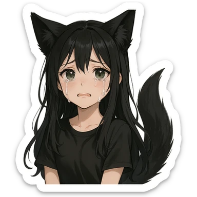 A girl with tears, black fox ears, and a tail, green eyes, dark hair sticker
