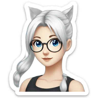 anime style white hair catgirl, black glasses, tank top, pony tail hair, blue eyes sticker