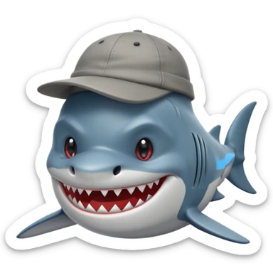 Un tiburón con aspecto gruñón pero con una sonrisa, que tenga una gorra de la marca barbas hats hacia atrás sticker