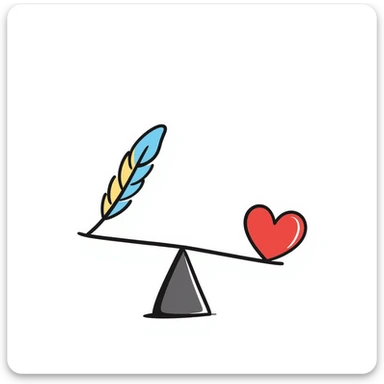 A simple scale balancing a colorful feather and a red heart, representing emotional balance and lightness. Colorful hand-drawn doodle style with blues, reds, and yellows. sticker