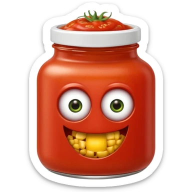 Un tarro de salsa de tomate y un tarro de salsa de mostaza al uno al lado del otro, los dos tarros con ojos sticker