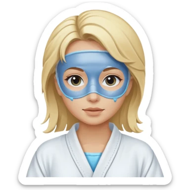 Blonde wearing a white spa robe with a blue mud mask on sticker