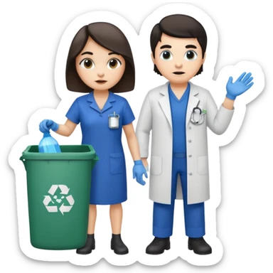an otter disguised as a woman garbage collector next to a white man mad scientist with dark hair sticker