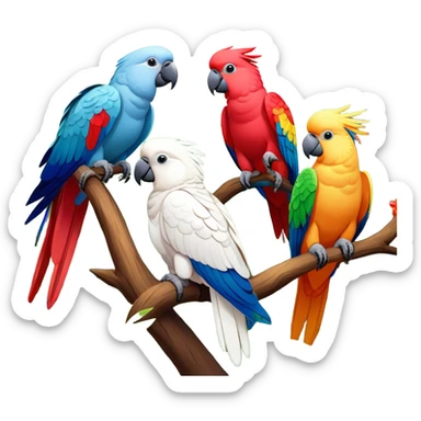 Close-up collage of vibrant Ara parrots and Inca cockatoos sitting on tree branches, surrounded by lush greenery. Bright colors of the birds stand out against a natural, sunny background of trees, flowers and fruits. Transparent background. sticker