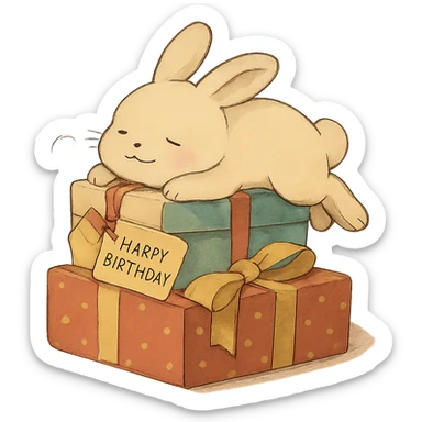 bunny lying on birthday gifts, sleepy and happy smile eyes, soft Ghibli style sticker