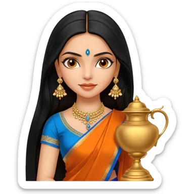 generate a pretty bratz Deepika Padukone with long black hair middle parted.
Wearing an orange saree with a blue blouse, golden jhumkas
SHe shoudl look like deepika padukone. dark brown eyes and carrying an urn sticker