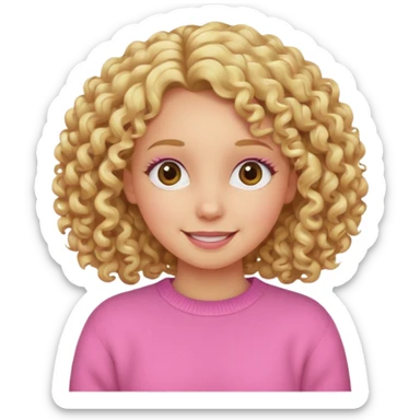 happy girl with curly blond hair, pink sweater sticker