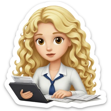 Blonde model with long curls doing taxes sticker