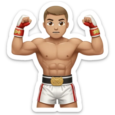 Boxing champion with arms raised in victory, wearing multiple championship belts around waist, determined expression, white hand wraps, muscular cartoon body sticker