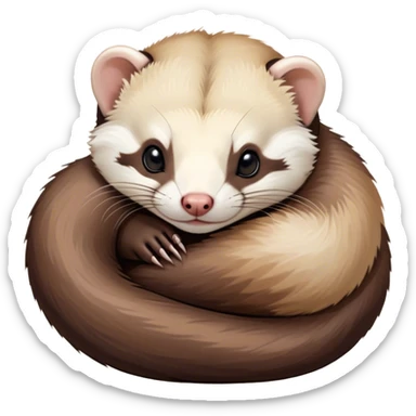 Meme-Worthy Cute Sleeping sable ferret Portrait Emoji, Head resting peacefully with a contented smile, showcasing a long, flexible body curled up in cozy repose, luxuriously soft fur in warm brown and cream, and eyes gently closed in serene slumber, Simplified yet hilariously adorable features, highly detailed, glowing with a soft, drowsy natural light, high shine, relaxed and utterly lovable, stylized with an air of playful laziness, bright and heartwarming, soft glowing outline, capturing the essence of a sleeping sable ferret that feels destined to become the next viral sensation of adorable rest! sticker