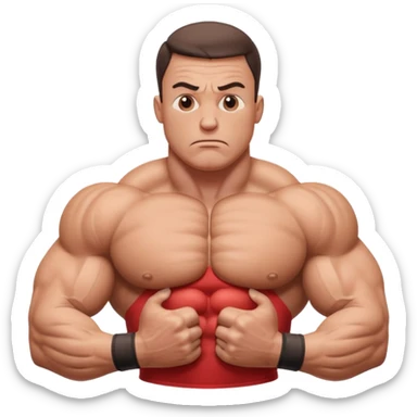 hyper realistic muscular bodybuilder with inflated muscles and worried face, low battery symbol near pelvic area, Italian caption 'Libido assente', isolated on white background sticker
