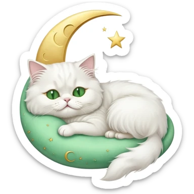 White Persian cat with green eyes sleeping on crescent moon  sticker