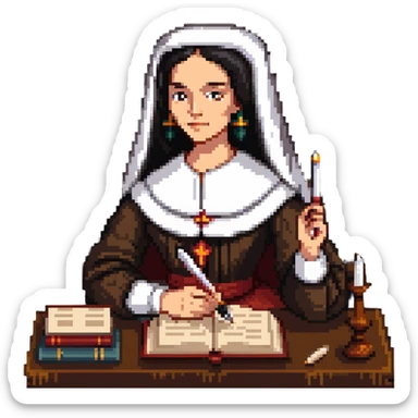 Sor Juana Inés de la Cruz with a quill pen and books sticker