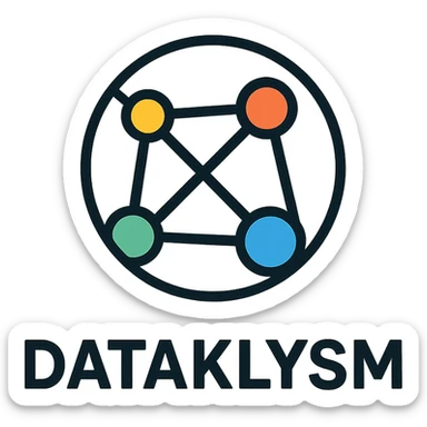 circular icon logo for DATAKLYSM with interconnected nodes and lines representing data networks, clean professional style sticker