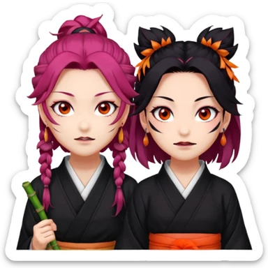 tanjiro: Kind red eyes, black hair with burgundy tips, forehead scar, tanned skin, Hanafuda earrings.                             nezuko:   Pink eyes, black-orange hair, fangs, bamboo muzzle. sticker