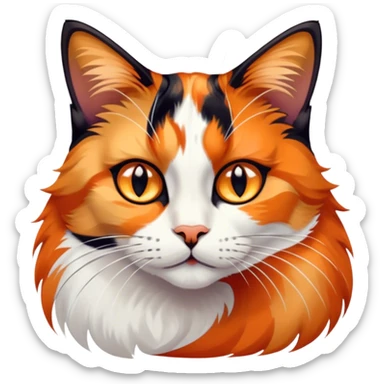 Cinematic Noble Calico Cat Portrait Emoji, Poised and regal, with a striking patchwork fur in vibrant orange, black, and white hues, delicate whiskers and a refined, focused gaze, simplified yet exquisitely detailed, glowing with a soft, moonlit radiance and an air of aristocratic elegance, high shine, exuding dignified intelligence and poised authority, soft glowing outline, capturing the essence of a watchful and noble calico cat that appears ready to grace the screen with effortless majesty! sticker